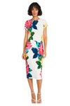 Maggy London Floral Short Sleeve Midi Sheath Dress G5527M - White/Coral Pink
