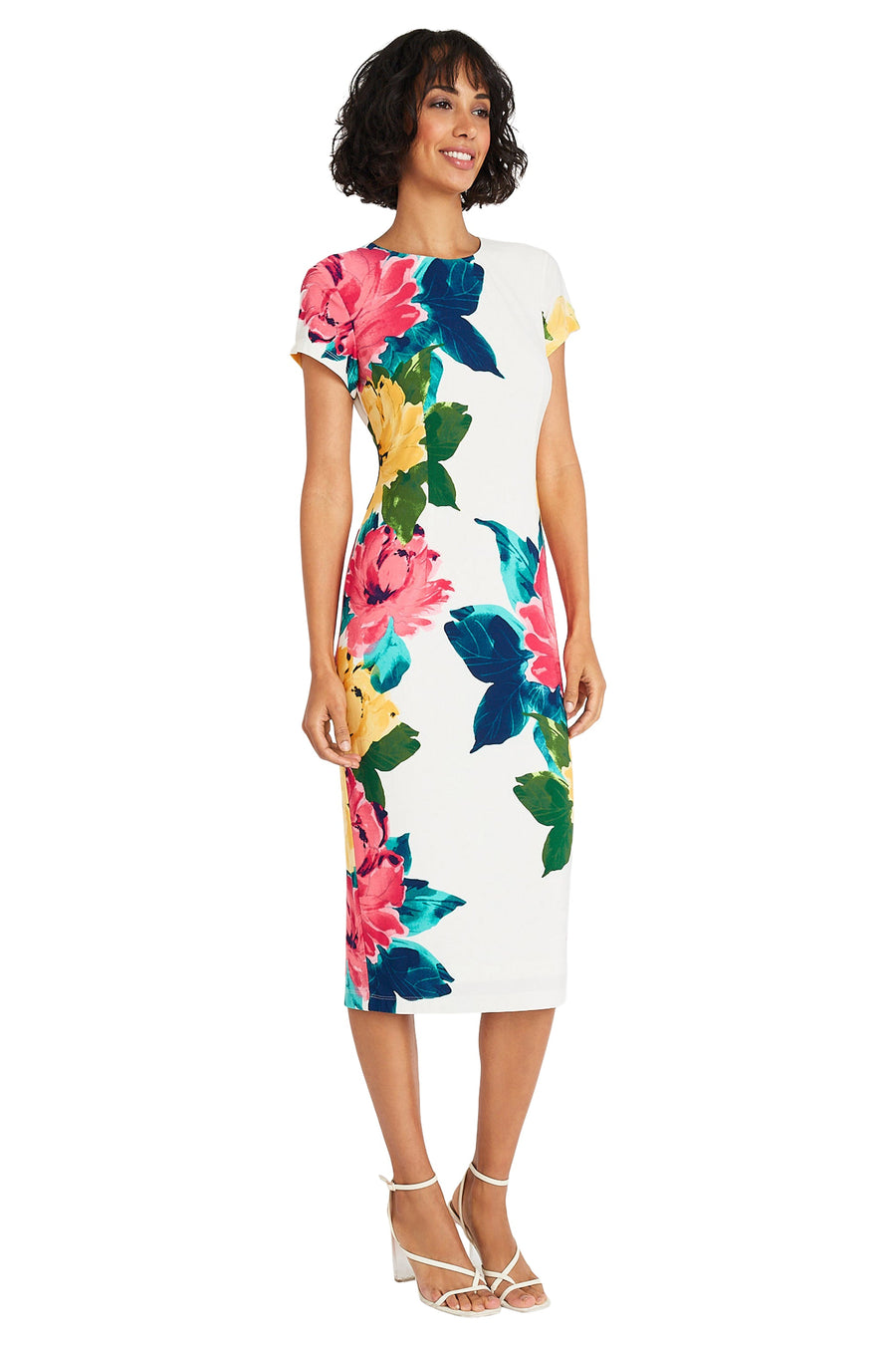 Maggy London Floral Short Sleeve Midi Sheath Dress G5527M - White/Coral Pink