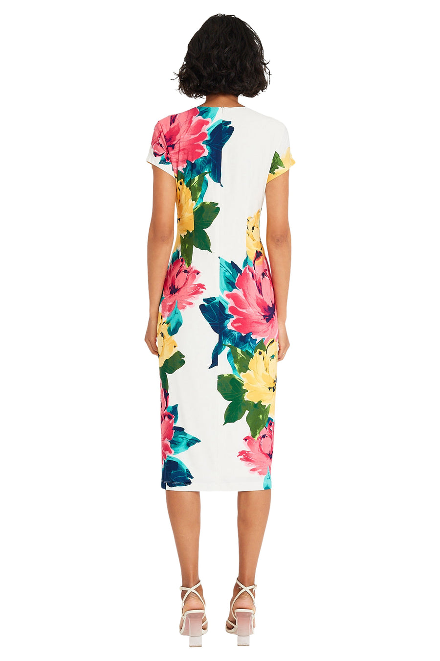 Maggy London Floral Short Sleeve Midi Sheath Dress G5527M - White/Coral Pink