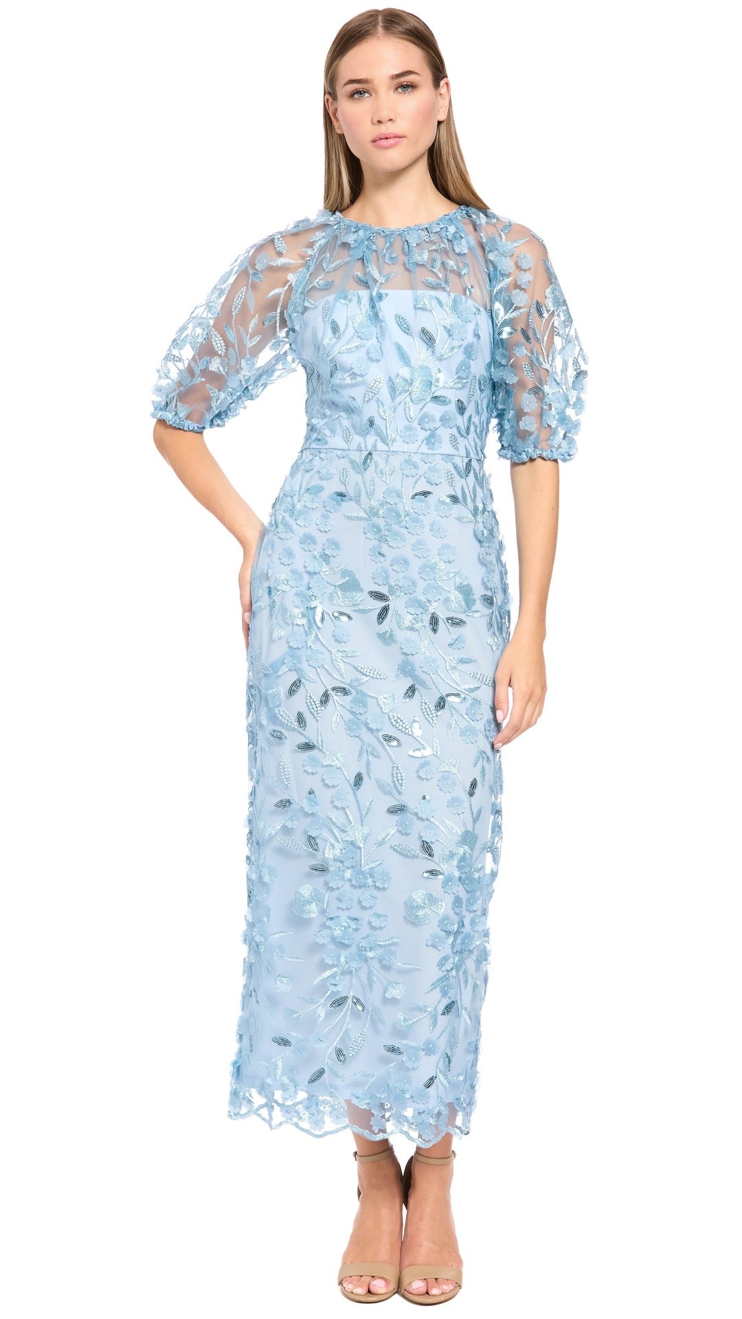 Floral Illusion Puff-Sleeve Midi Dress Maggy London G6009M
