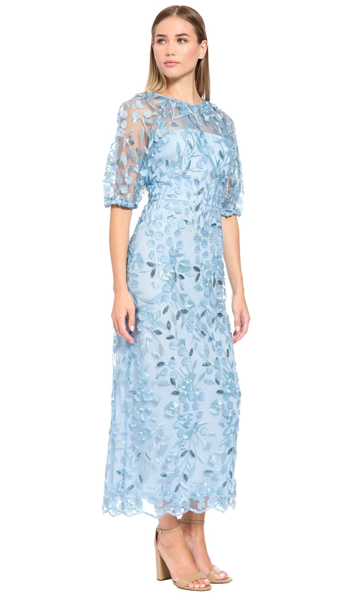 Floral Illusion Puff-Sleeve Midi Dress Maggy London G6009M
