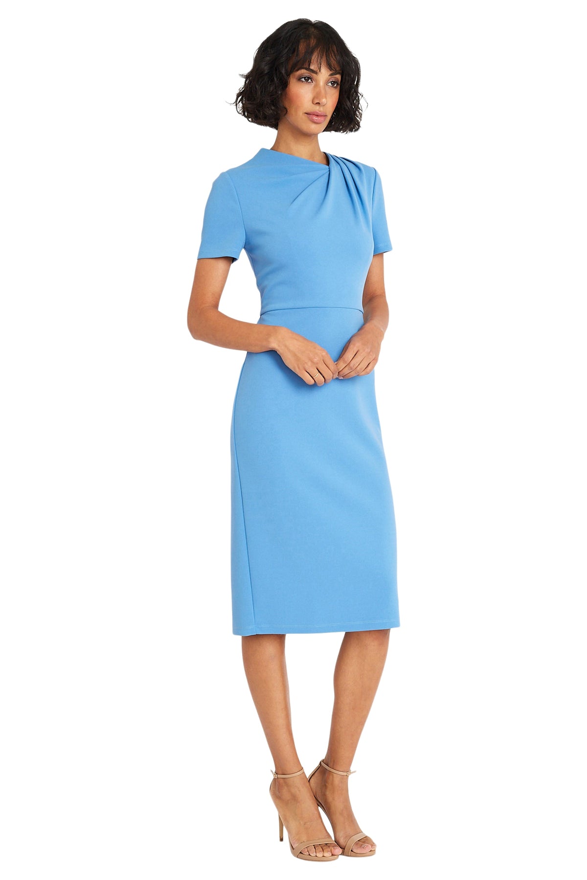 Maggy London Pleated Neck Short Sleeve Crepe Sheath Dress G6124M Wholesale