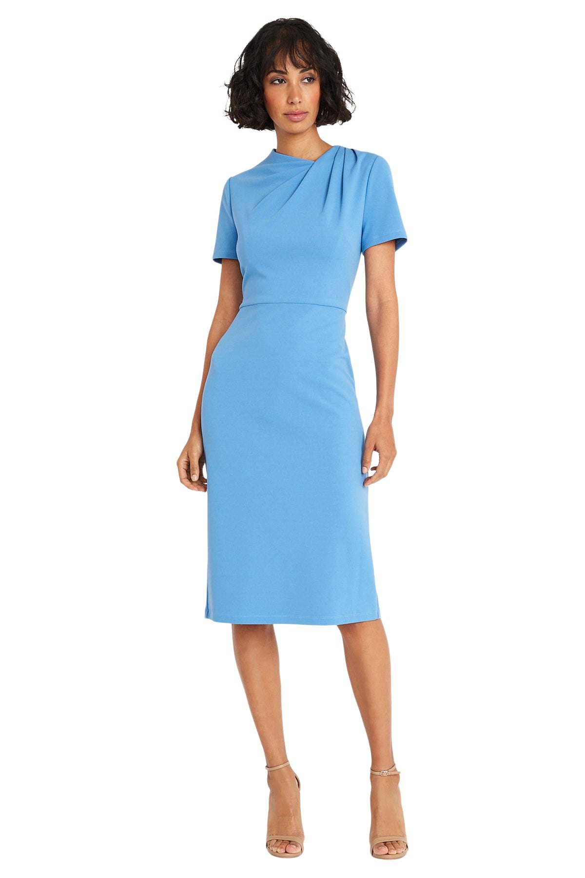 Maggy London Pleated Neck Short Sleeve Crepe Sheath Dress G6124M Wholesale