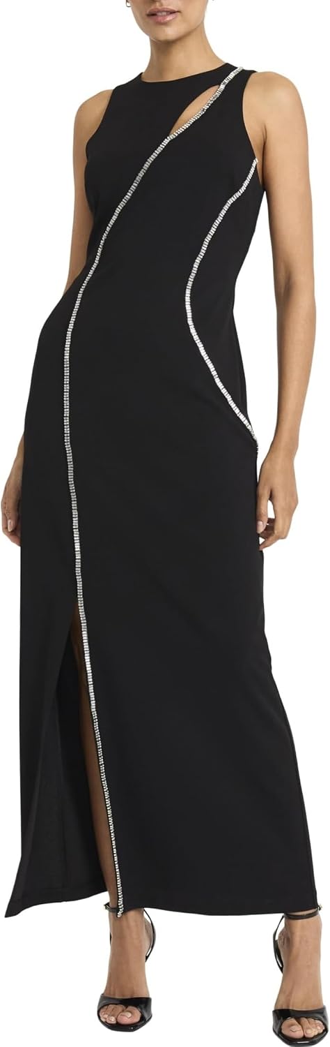 Maggy London Crystal Trimmed Keyhole Slit Maxi Gown G6323M - Black