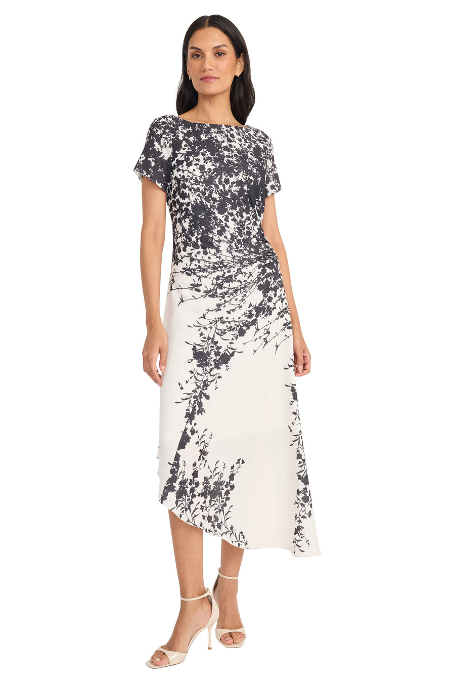 Maggy London Printed Georgette Asymmetric Hem Short Sleeve Midi Dress G6370M Wholesale