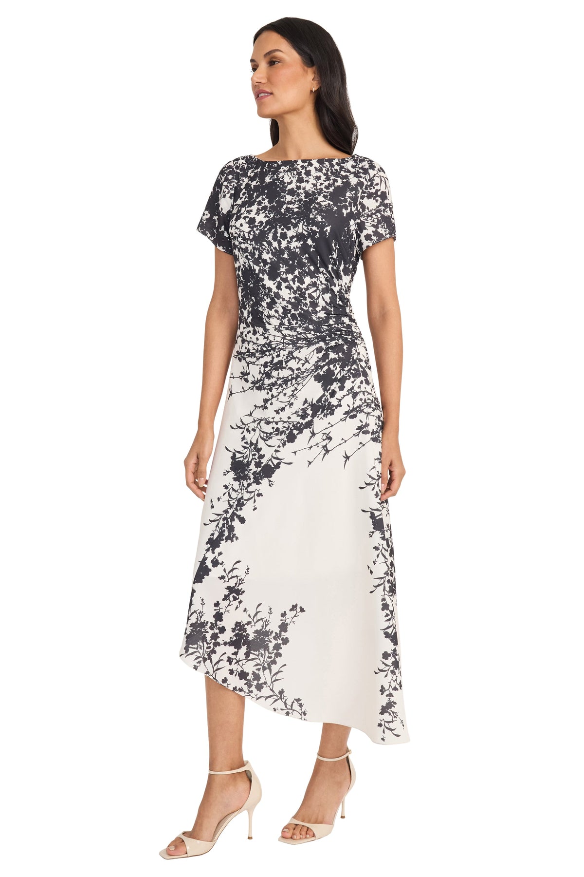 Maggy London Printed Georgette Asymmetric Hem Short Sleeve Midi Dress G6370M Wholesale