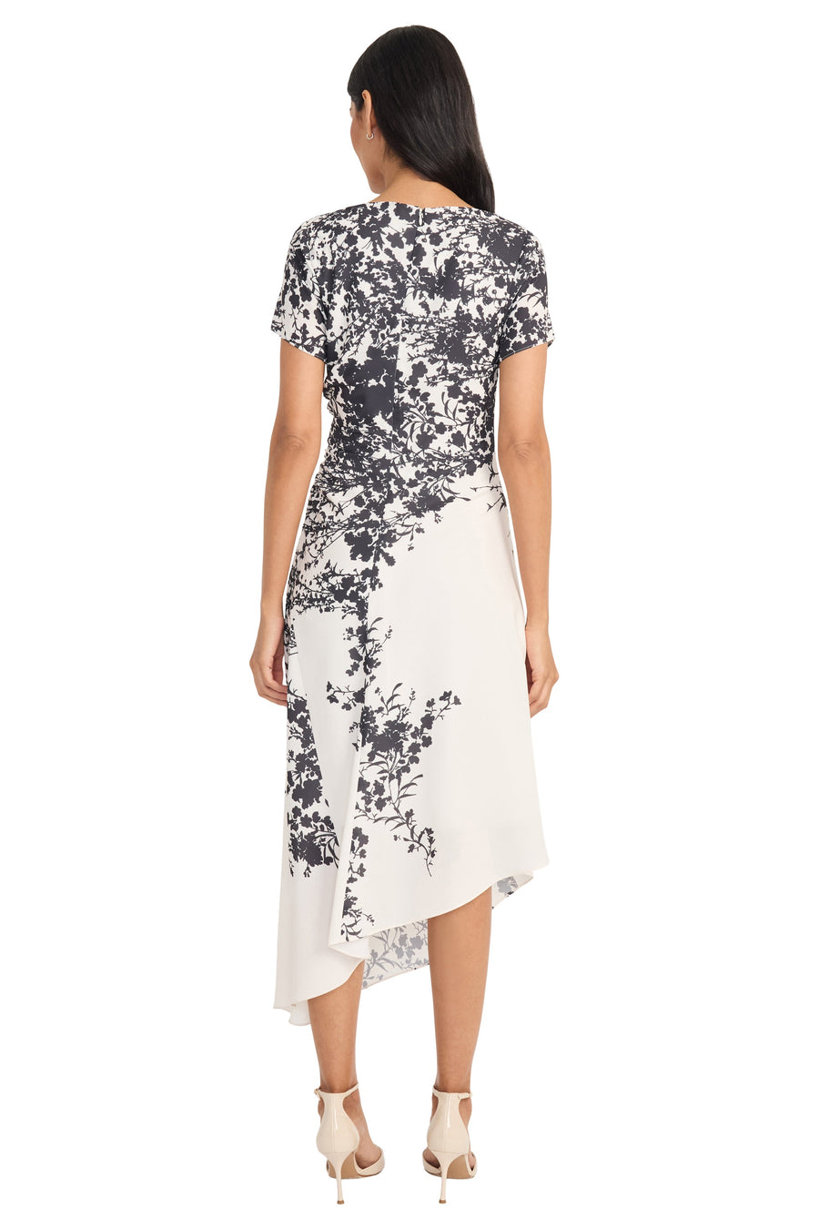 Maggy London Printed Georgette Asymmetric Hem Short Sleeve Midi Dress G6370M Wholesale