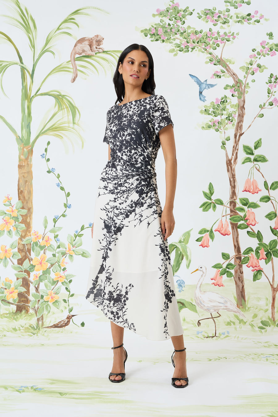 Maggy London Printed Georgette Asymmetric Hem Short Sleeve Midi Dress G6370M Wholesale