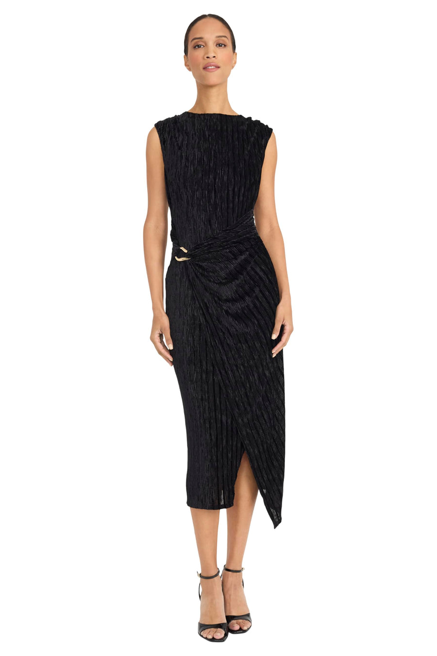 Maggy London Crinkled Velvet Side Drape Sleeveless Midi Dress G6681M Wholesale