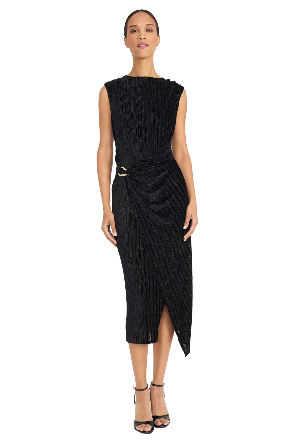 Maggy London Crinkled Velvet Side Drape Sleeveless Midi Dress G6681M Wholesale