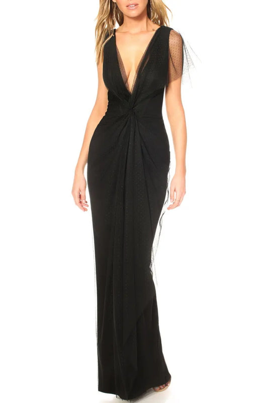 Katie May Olivia Black Plunging Neckline Hidden Zip Closure Center Twist Ruched Draped Gown Dress - BLACK - Front