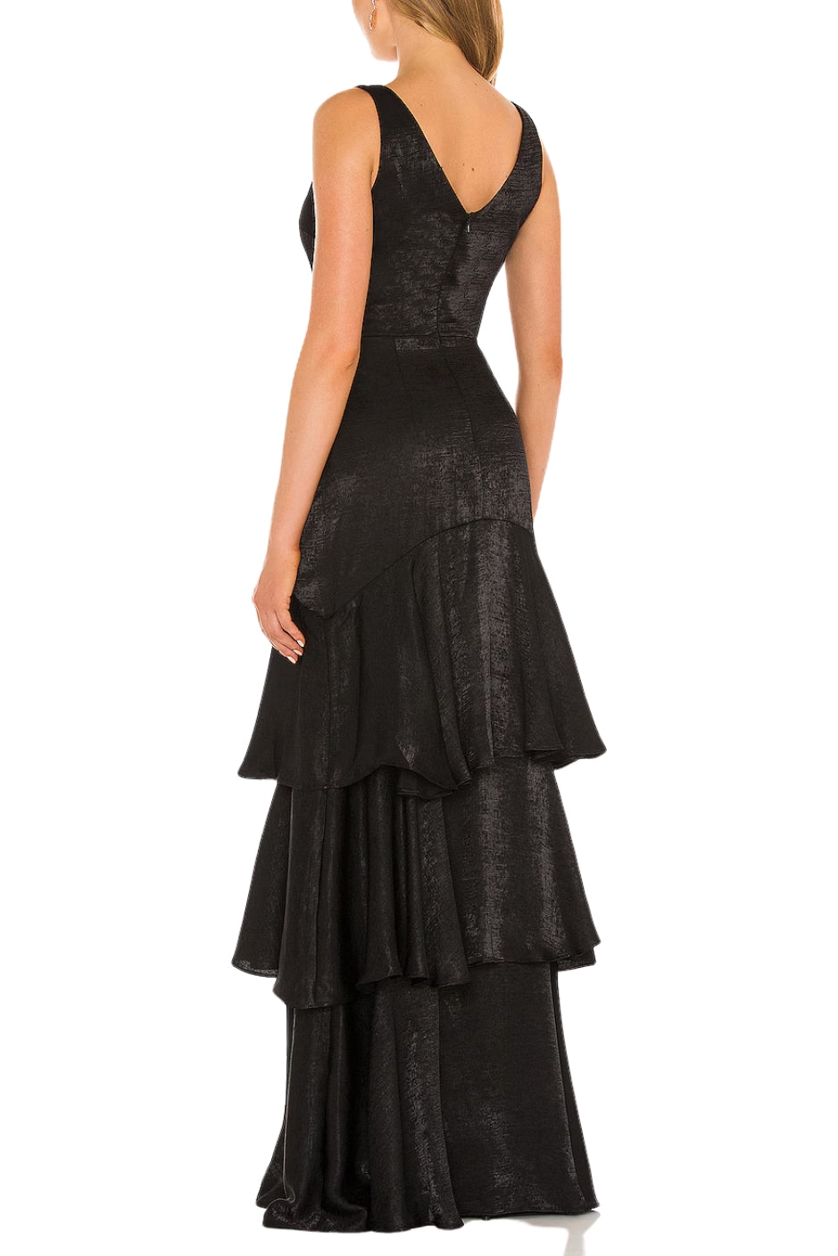 Katie May Sheer Mesh Accent Deep Plunging V-Neckline Sleeveless Gown Dress - BLACK - Back