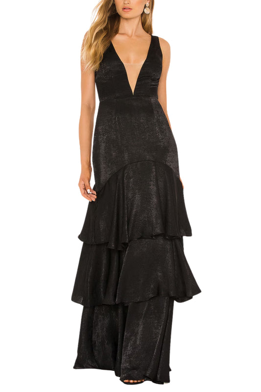 Katie May Sheer Mesh Accent Deep Plunging V-Neckline Sleeveless Gown Dress - BLACK - Front