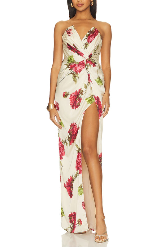Katie May Floral Print Strapless Boned Twist Bodice Back Zipper Side Seam Slit Fitted Gown Maxi Dress - FALL PEONY - Front