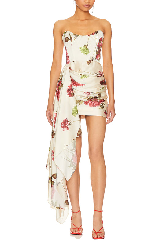 Katie May Strapless Boned Bodice Floral Drape Chasing Dawn Mini Dress - FALL PEONY - front