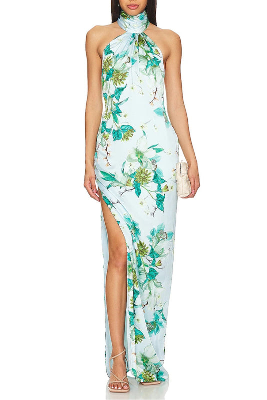 Katie May Halter Neckline Open Back Side Zipper Side Slit Sidrit Gown Dress - ORCHID BREEZE - Front