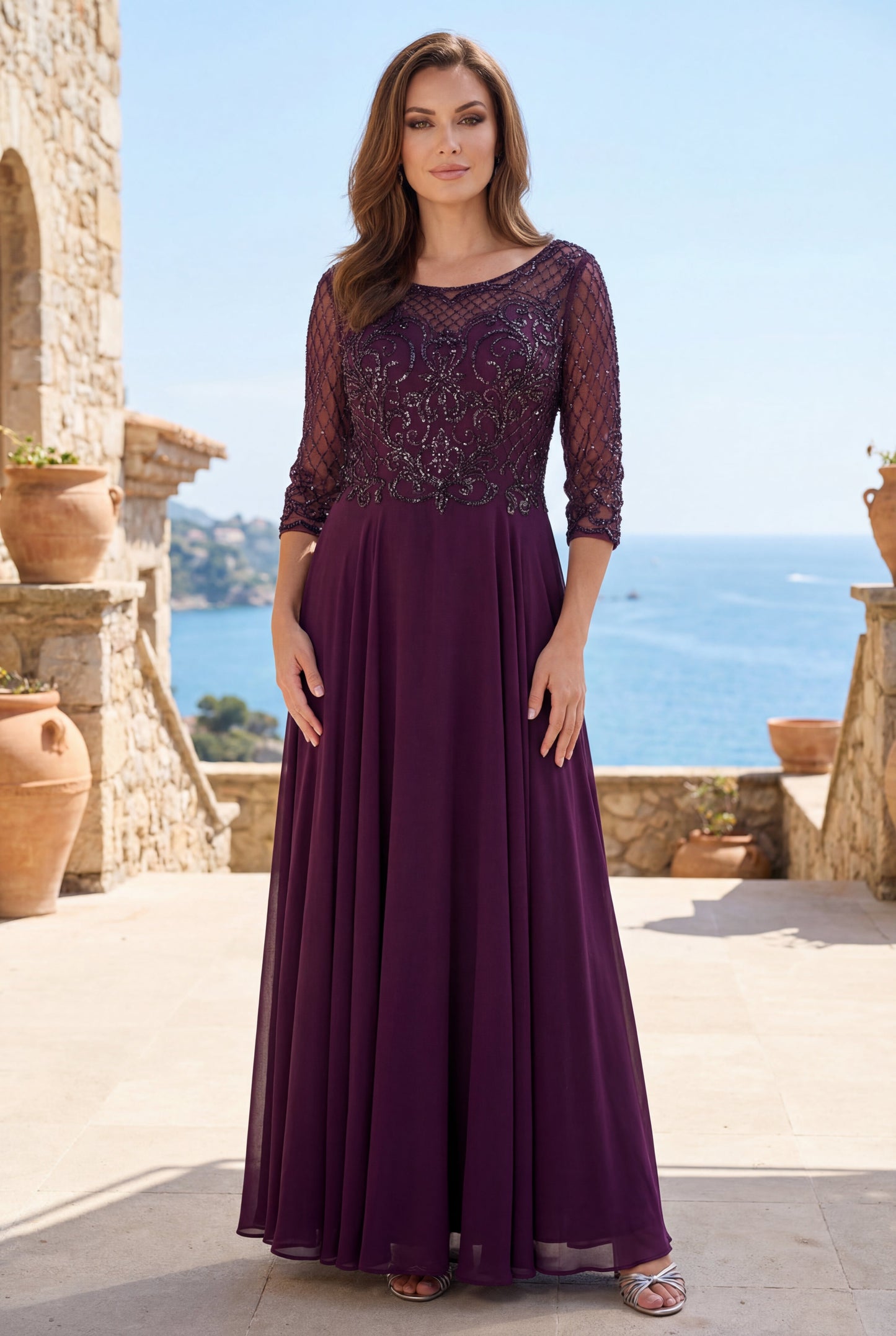 Long Sleeve Hand Beaded Mother of The Bride Dress