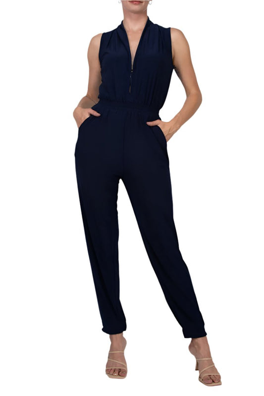 Laundry V-Neck Zipper Front Sleeveless Ruched Solid Jumpsuit  NAVY - FRONT 