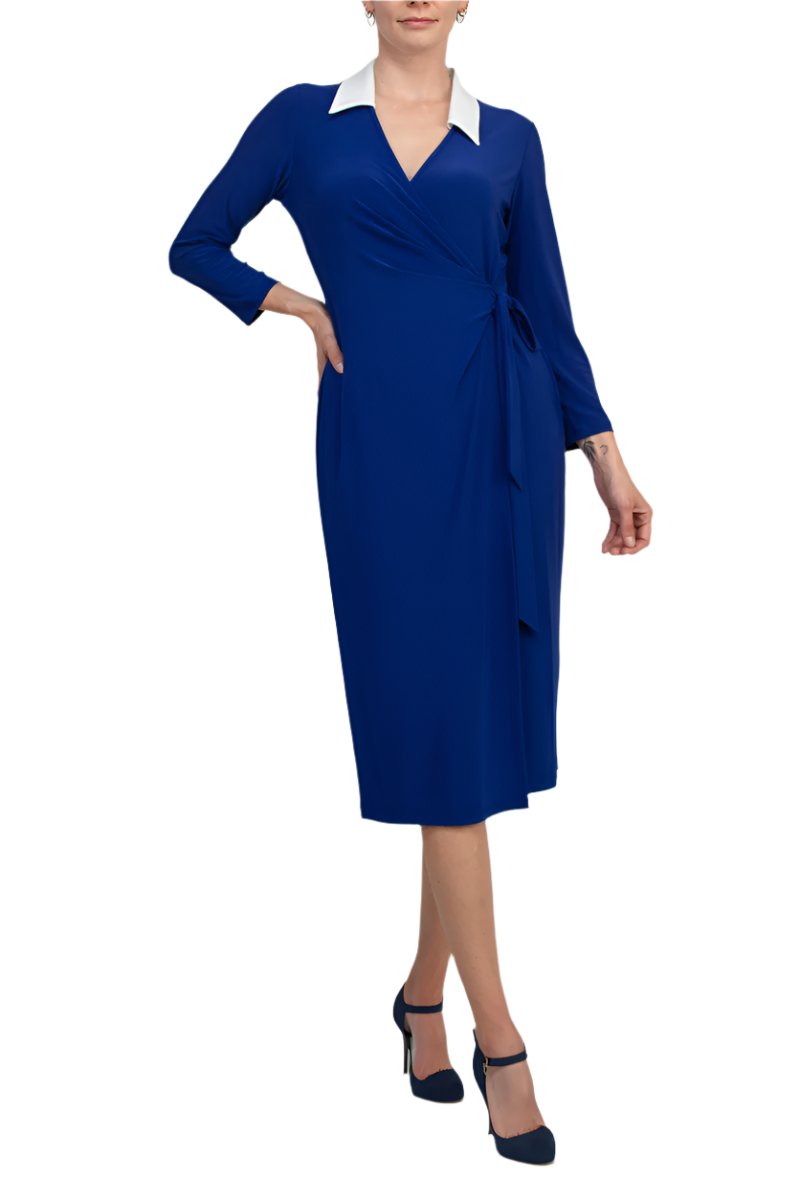 Evan Picone Women's 3/4 Sleeve Midi Wrap Dress - ROYAL WHITE - Full Front View