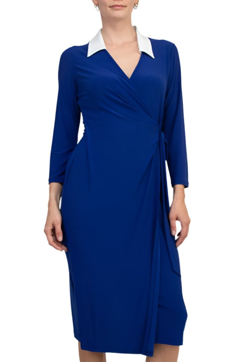 Evan Picone Women's 3/4 Sleeve Midi Wrap Dress - ROYAL WHITE - Front 