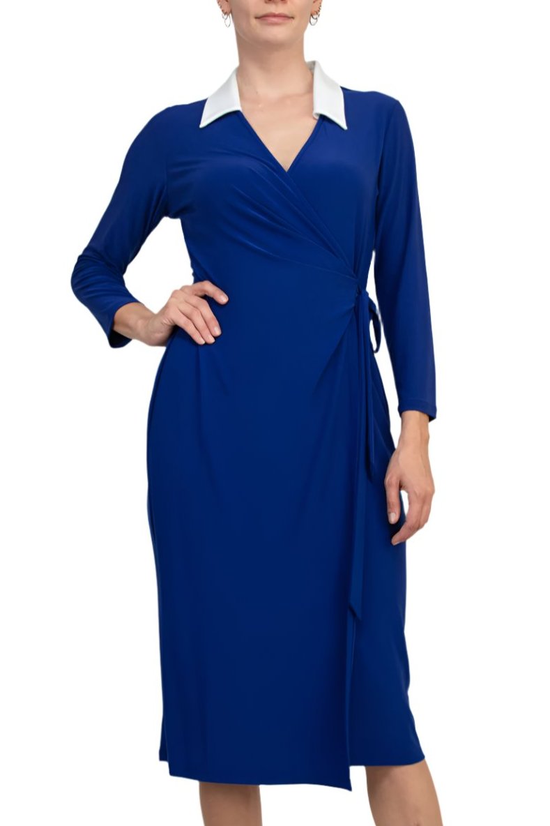 Evan Picone Women's 3/4 Sleeve Midi Wrap Dress - ROYAL WHITE - Front View