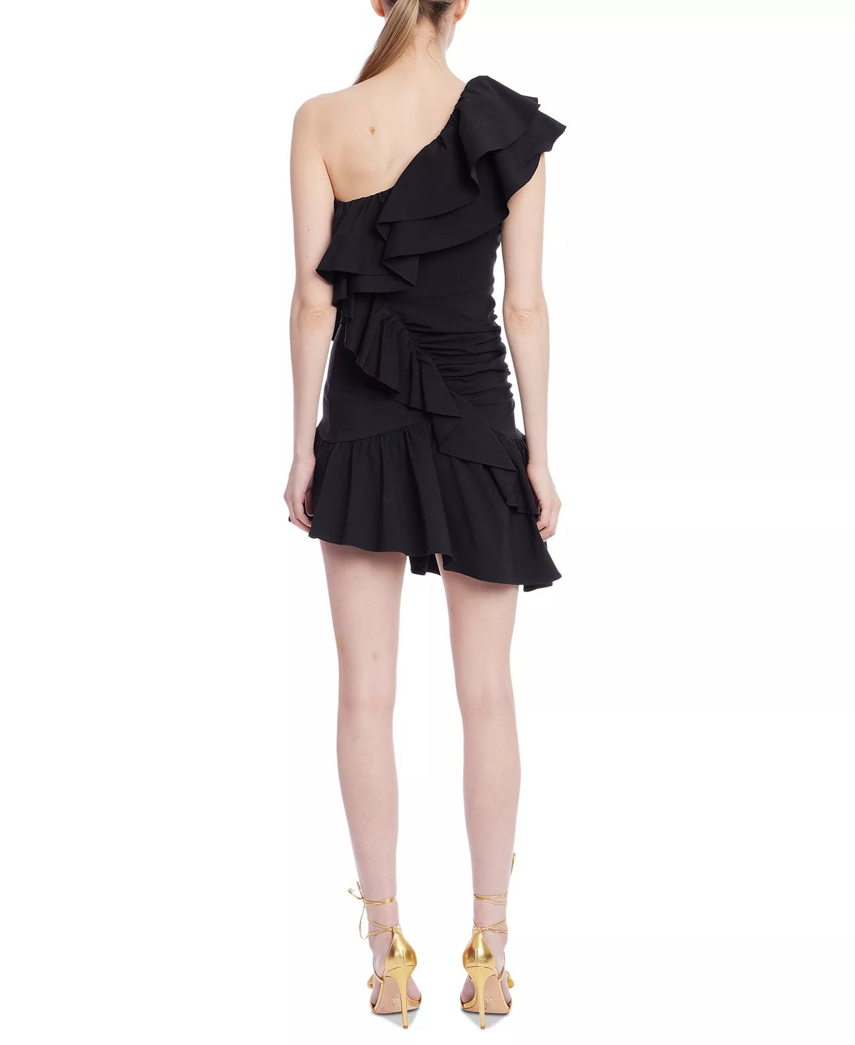 One-Shoulder Mini Scuba Cocktail Ruffled Sheath Dress Jewel Badgley Mischka J0103