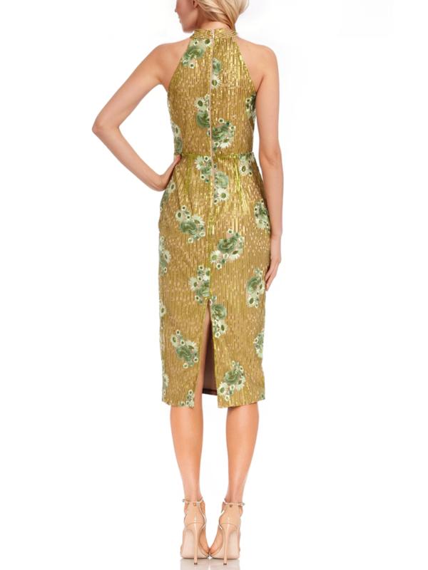 Halter Knee-Length Sequin Cocktail Embroidered Floral Dress Badgley Mischka J0113
