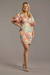 Coral Multi V-Neck Mini Scuba Cocktail Puff Sleeve Floral Dress Badgley Mischka J0184A