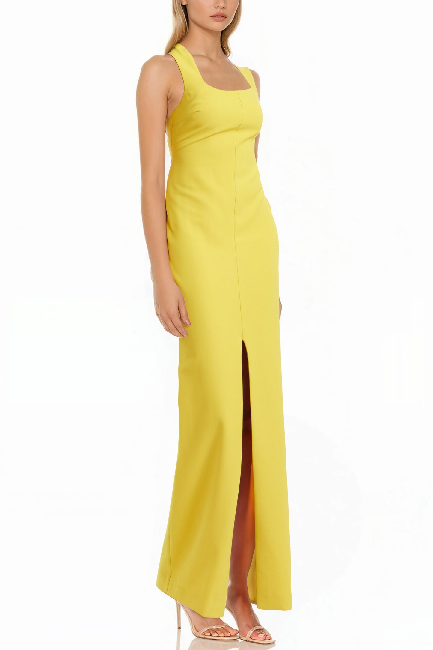 Jewel Badgley Mischka Emma Square Neckline Sleeveless Zipper Closure Fit Bodice Front Slit Column Sheath Maxi Gown Dress