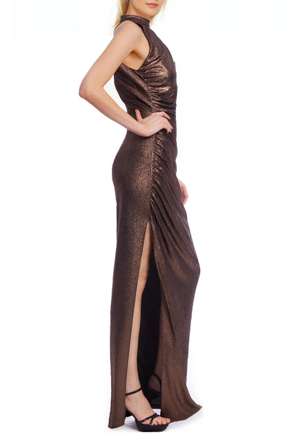 Badgley Mischka Cap One-Shoulder Asymmetrical Mock Neckline Draped Bodice High Side Thigh-Slit Sheath Gown Dress
