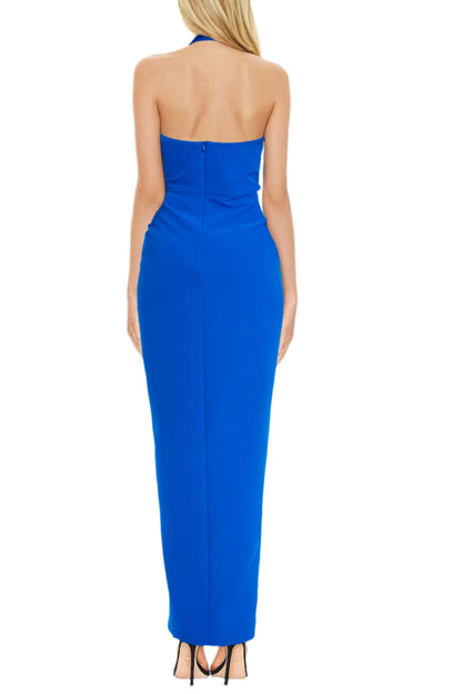 Badgley Mischka Halter Neckline Open Back Waist Line Bonnie Tie High Slit Gown Dress - COBALT - Back