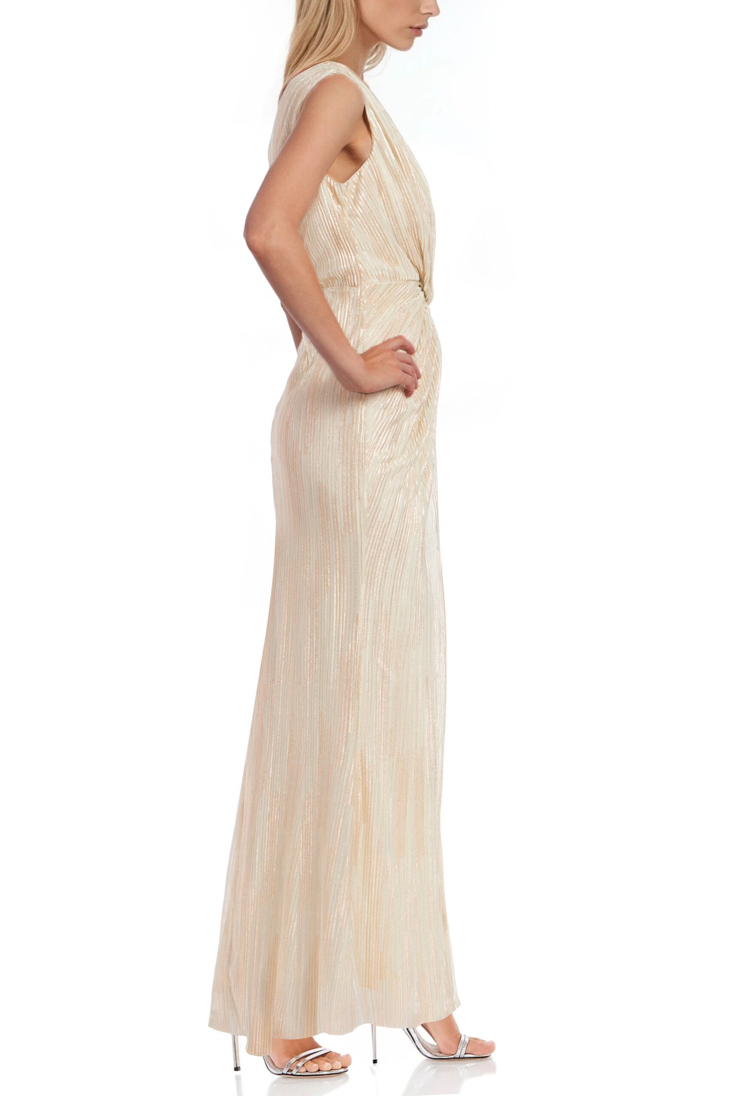 Jewel Badgley Mischka Eva Sleeveless Deep Plunging V-Neckline Twisted-Knot High Slit Plisse Texture Column Sheath Long Gown Dress