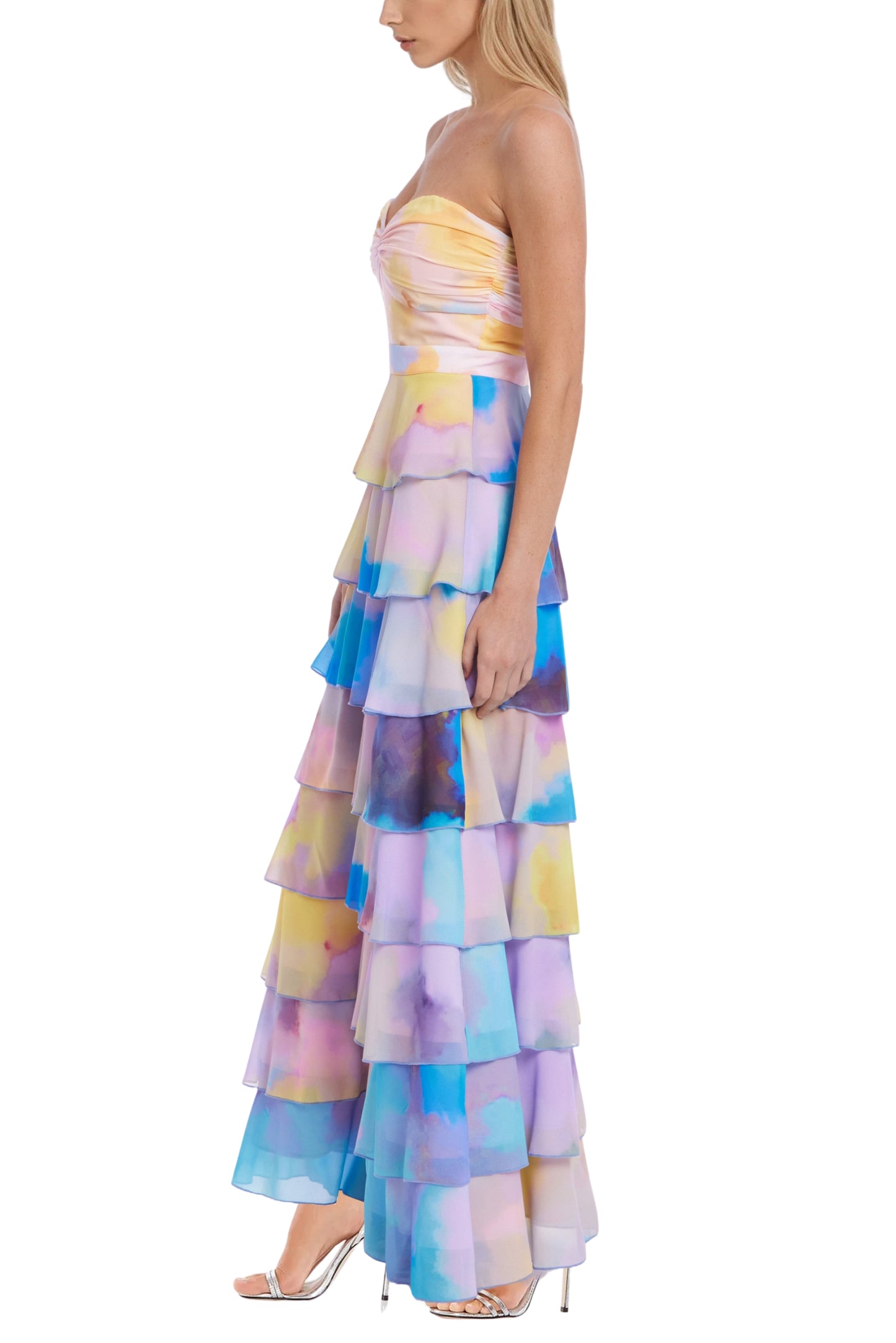 Badgley Mischka Giselle Watercolored Print Strapless Sweetheart Neckline Bodice Tiered Ruffled Skirt Maxi Gown Dress
