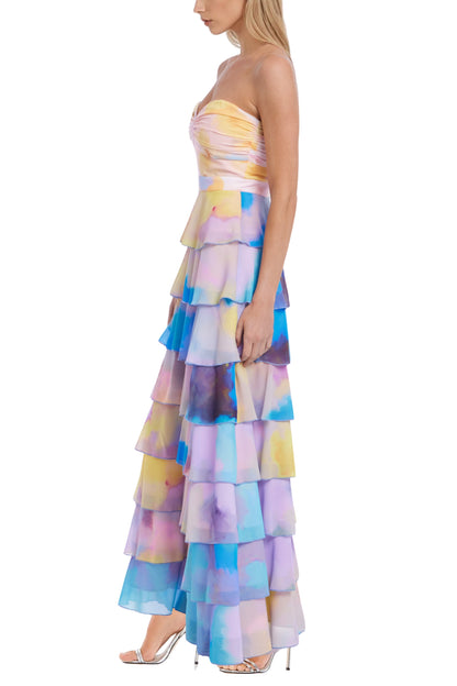Badgley Mischka Giselle Watercolored Print Strapless Sweetheart Neckline Bodice Tiered Ruffled Skirt Maxi Gown Dress