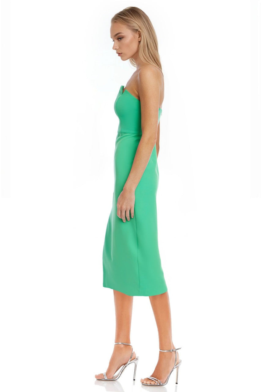 Badgley Mischka Strapless Curved Neck Crepe Sheath Midi Dress J0442