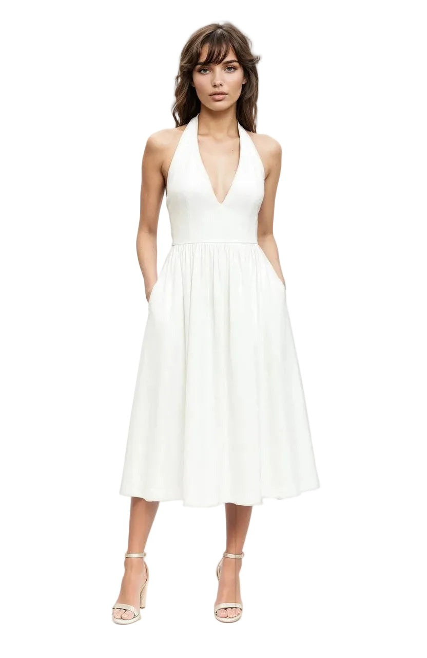 Badgley Mischka Halter V-Neck A-Line Midi Dress J0558