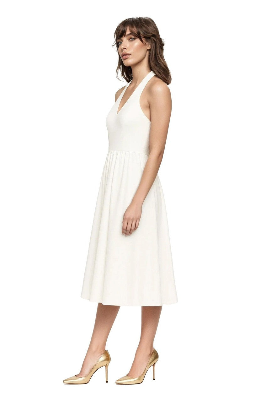 Badgley Mischka Halter V-Neck A-Line Midi Dress J0558