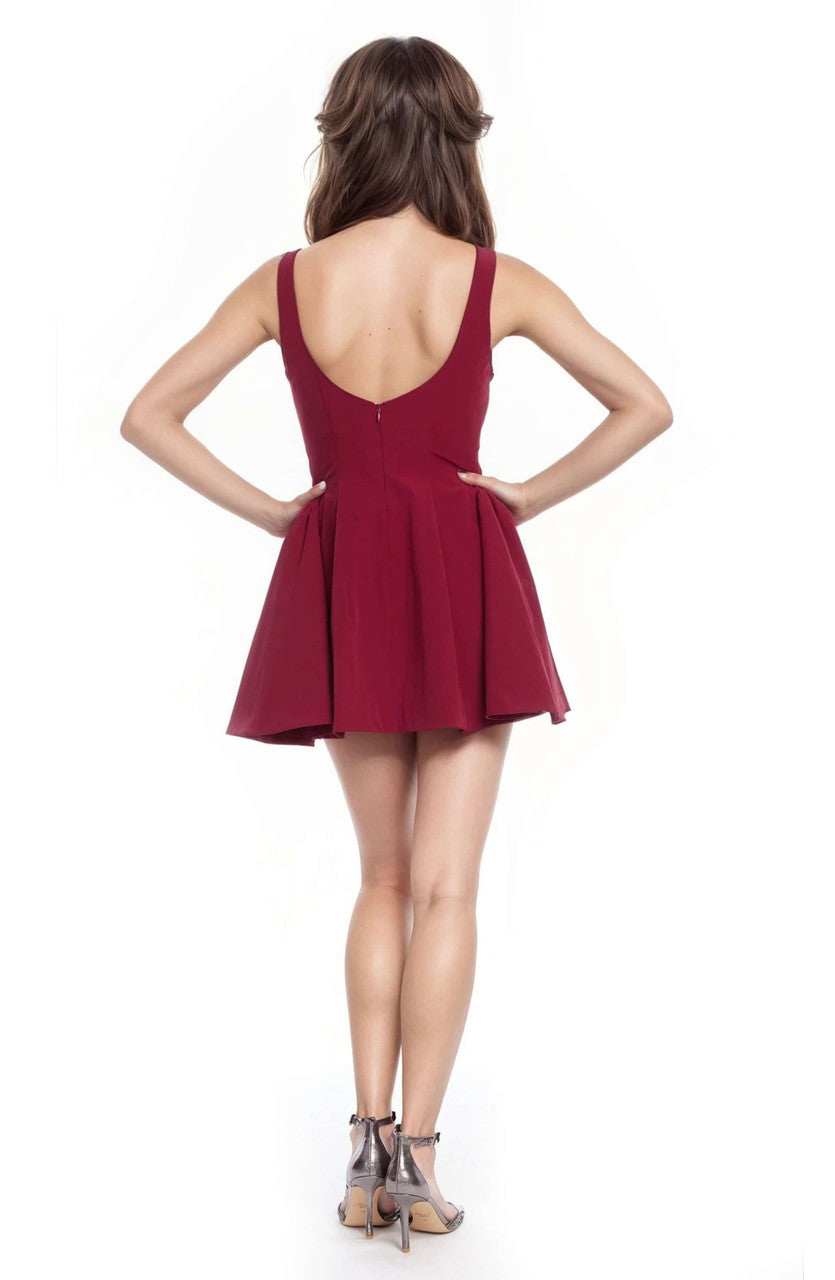 Wine Square-Neck Mini Nylon Cocktail Fit and Flare Skater Dress Badgley Mischka J0604