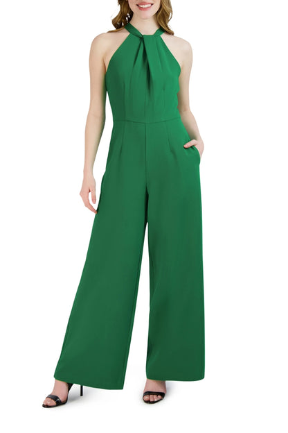 Julia Jordan Crossed Neck Keyhole Racerback Solid Crepe Jumpsuit - KELLYGREEN - Front