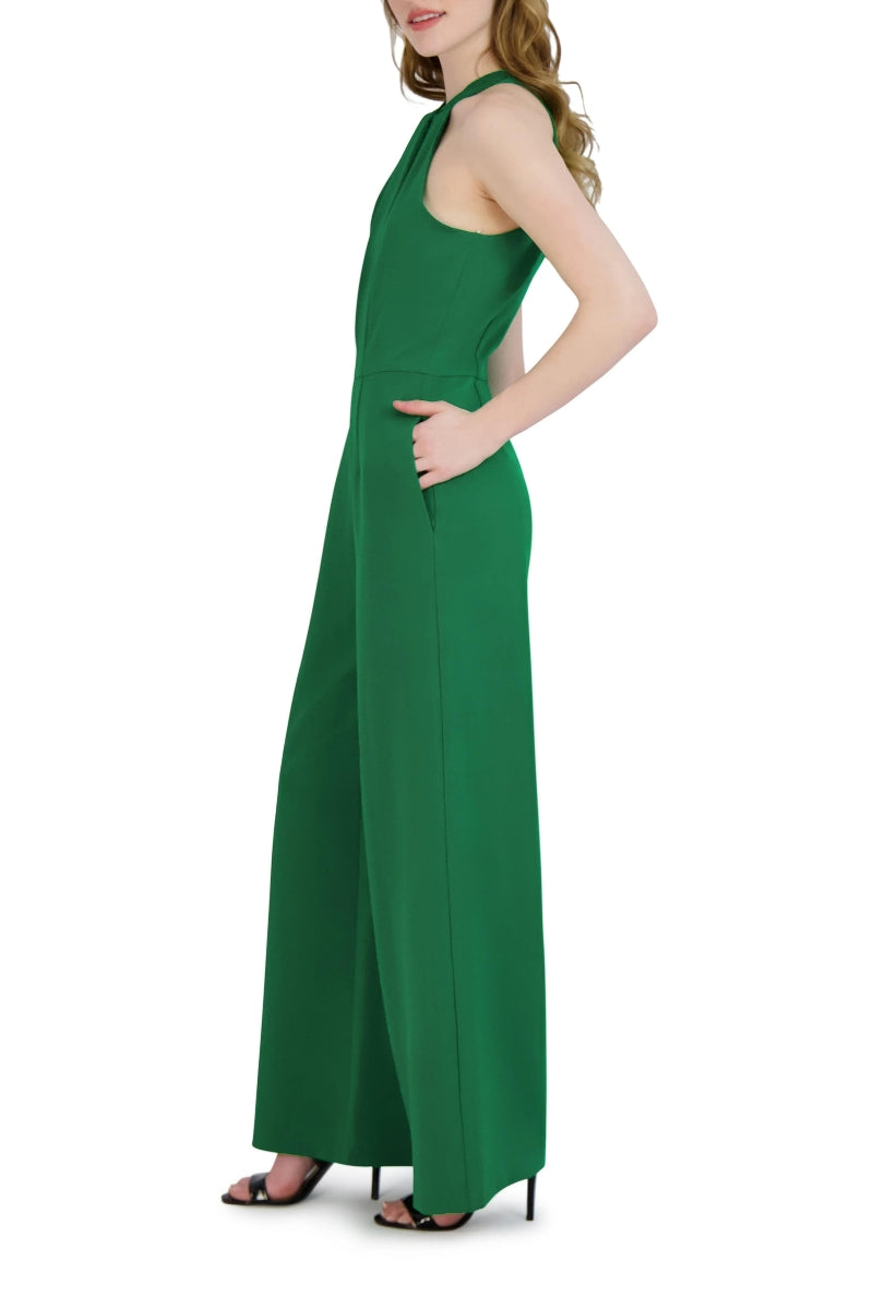 Julia Jordan Crossed Neck Keyhole Racerback Solid Crepe Jumpsuit - KELLY GREEN - SIDE