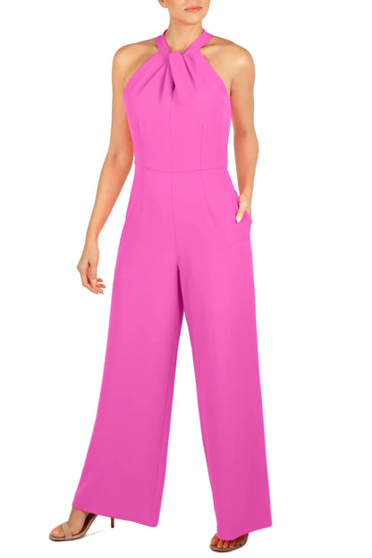 Julia Jordan Crossed Neck Keyhole Racerback Solid Crepe Jumpsuit - NEONPINK - Front