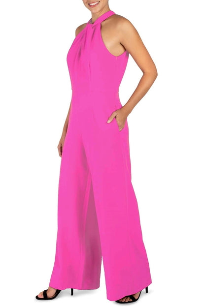 Julia Jordan Crossed Neck Keyhole Racerback Solid Crepe Jumpsuit - NEON PINK - SIDE