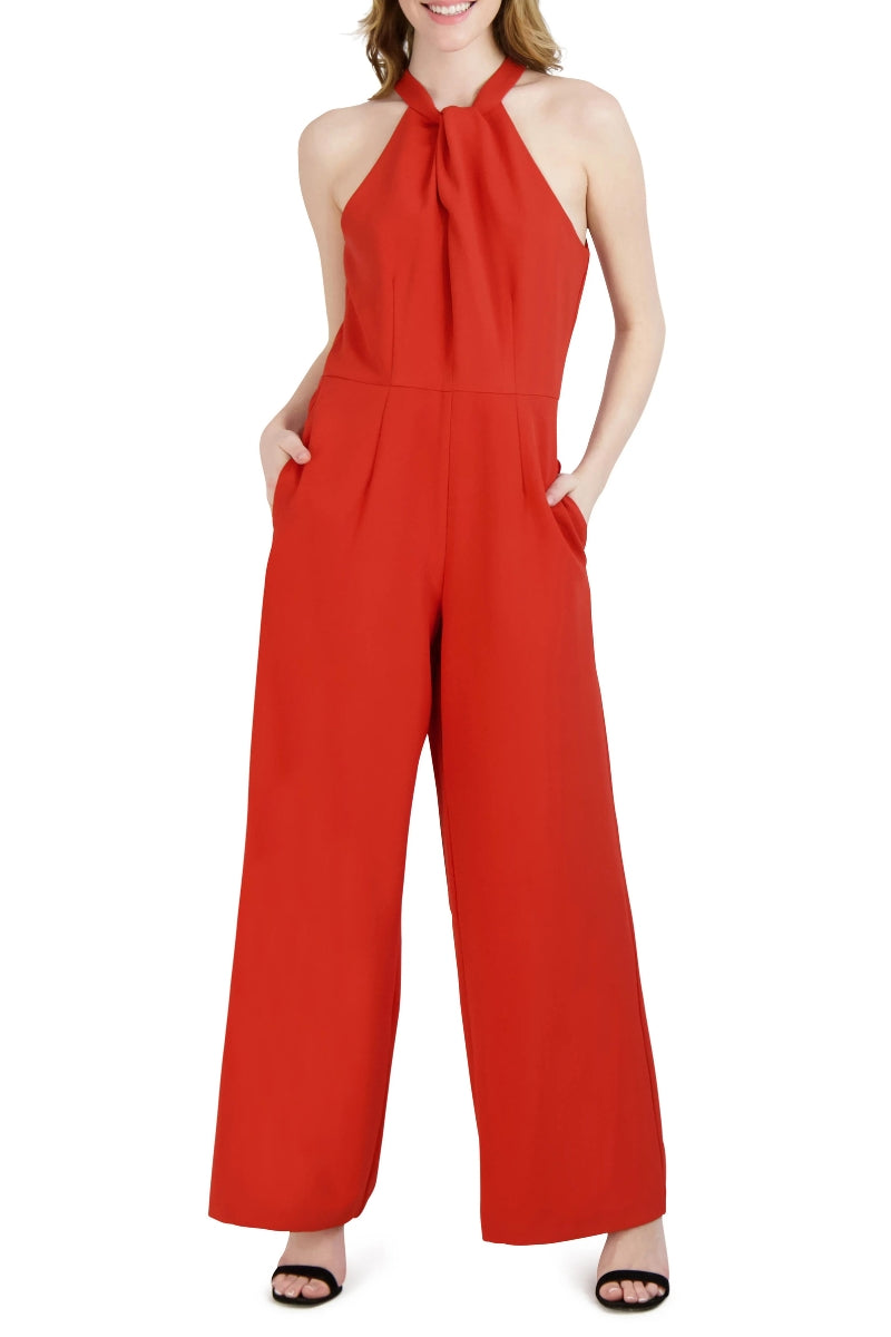 Julia Jordan Crossed Neck Keyhole Racerback Solid Crepe Jumpsuit - ORANGE - Front