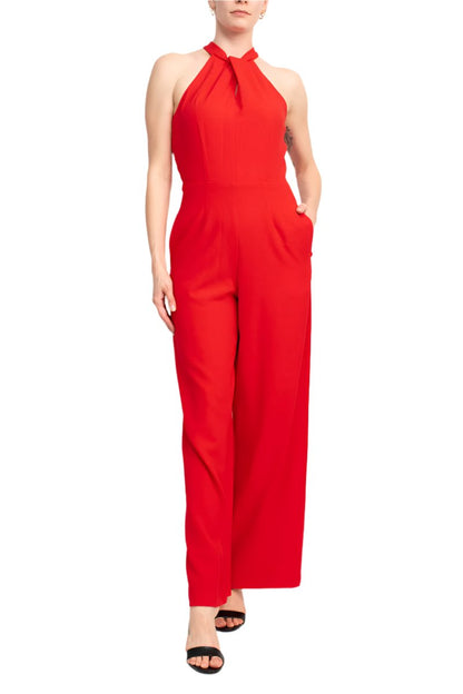 Julia Jordan Crossed Neck Keyhole Racerback Solid Crepe Jumpsuit - WATERMELON - front full view