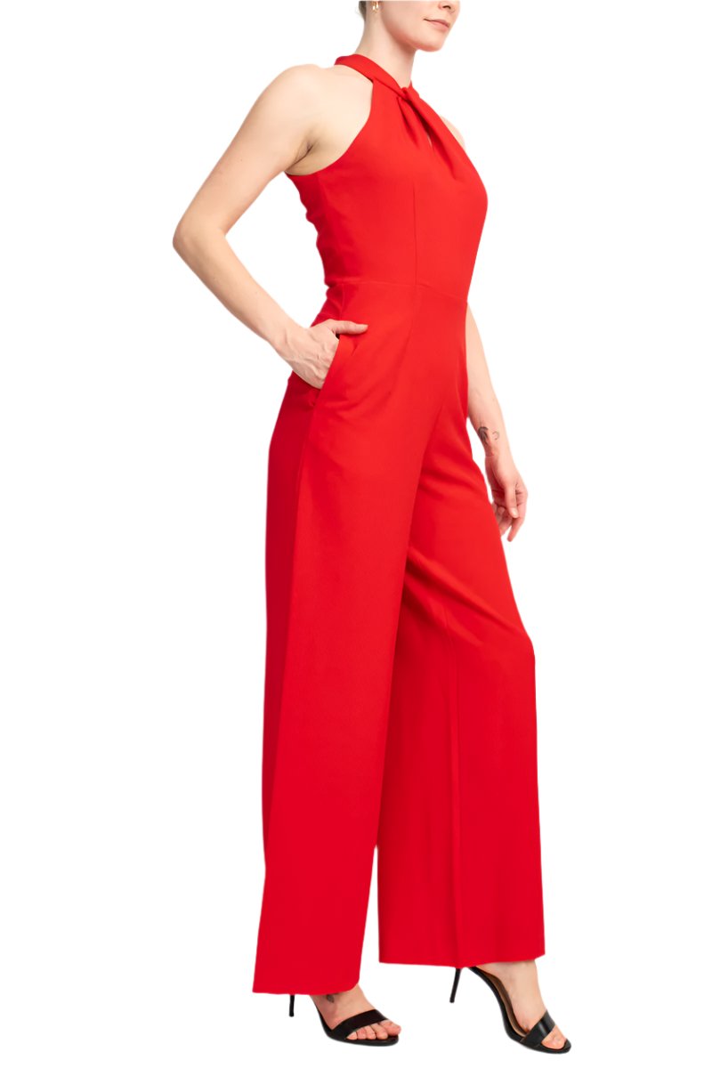 Julia Jordan Crossed Neck Keyhole Racerback Solid Crepe Jumpsuit - WATERMELON - Side