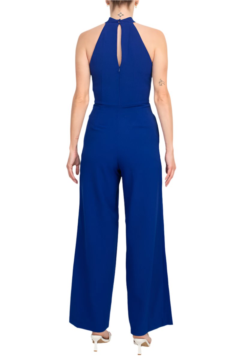 Julia Jordan Crossed Neck Keyhole Racerback Solid Crepe Jumpsuit - COBALT - BACK