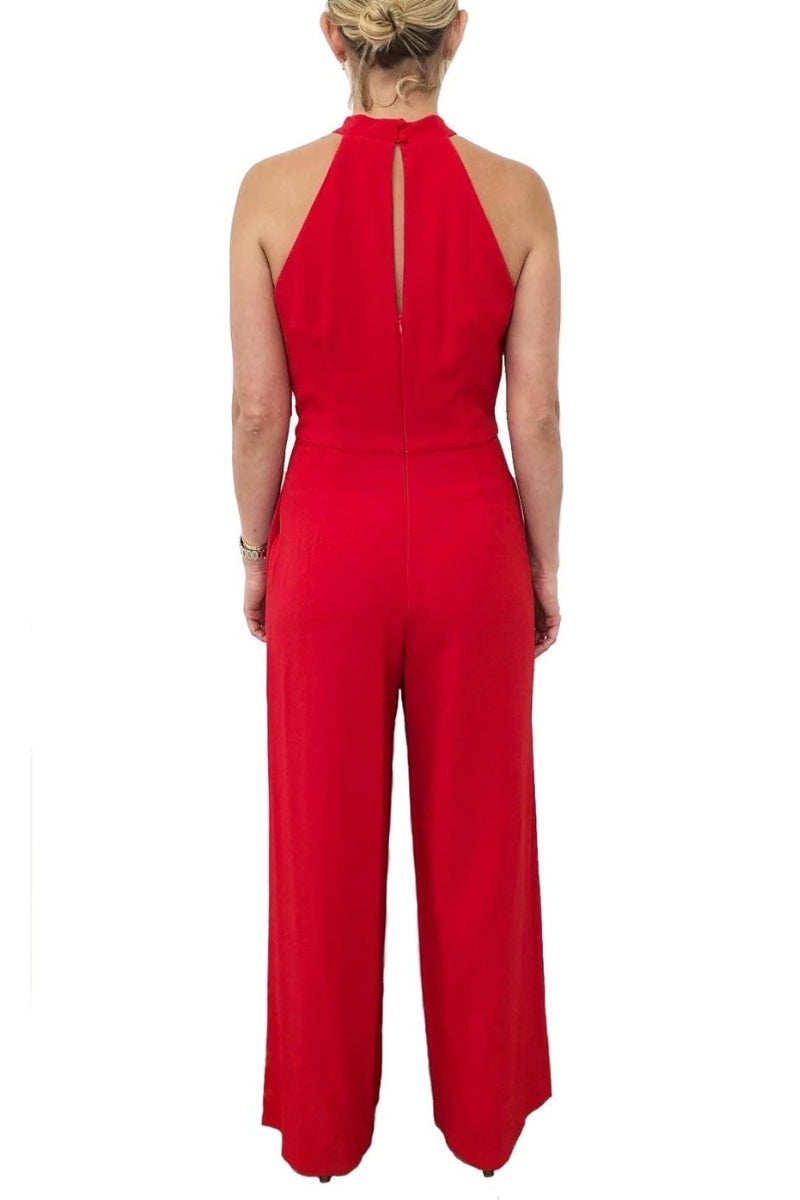 Julia Jordan Crossed Neck Keyhole Racerback Solid Crepe Jumpsuit - RED - back 