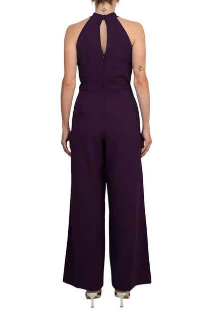 Julia Jordan Crossed Neck Keyhole Racerback Solid Crepe Jumpsuit - PLUM - Back