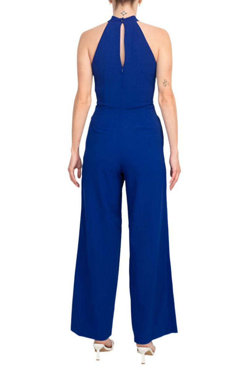 Julia Jordan Crossed Neck Keyhole Racerback Solid Crepe Jumpsuit - COBALT - Back