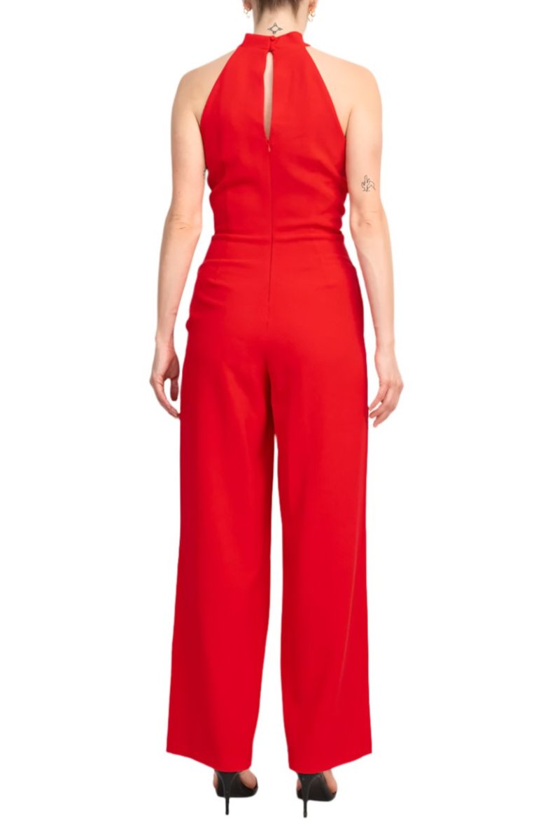 Julia Jordan Crossed Neck Keyhole Racerback Solid Crepe Jumpsuit - WATERMELON - Back